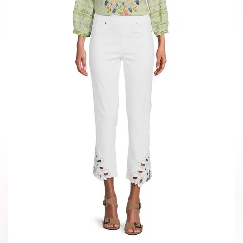John Mark Plus Stretch Straight Leg Embroidered Eyelet Hem Cropped Pull-On Pants